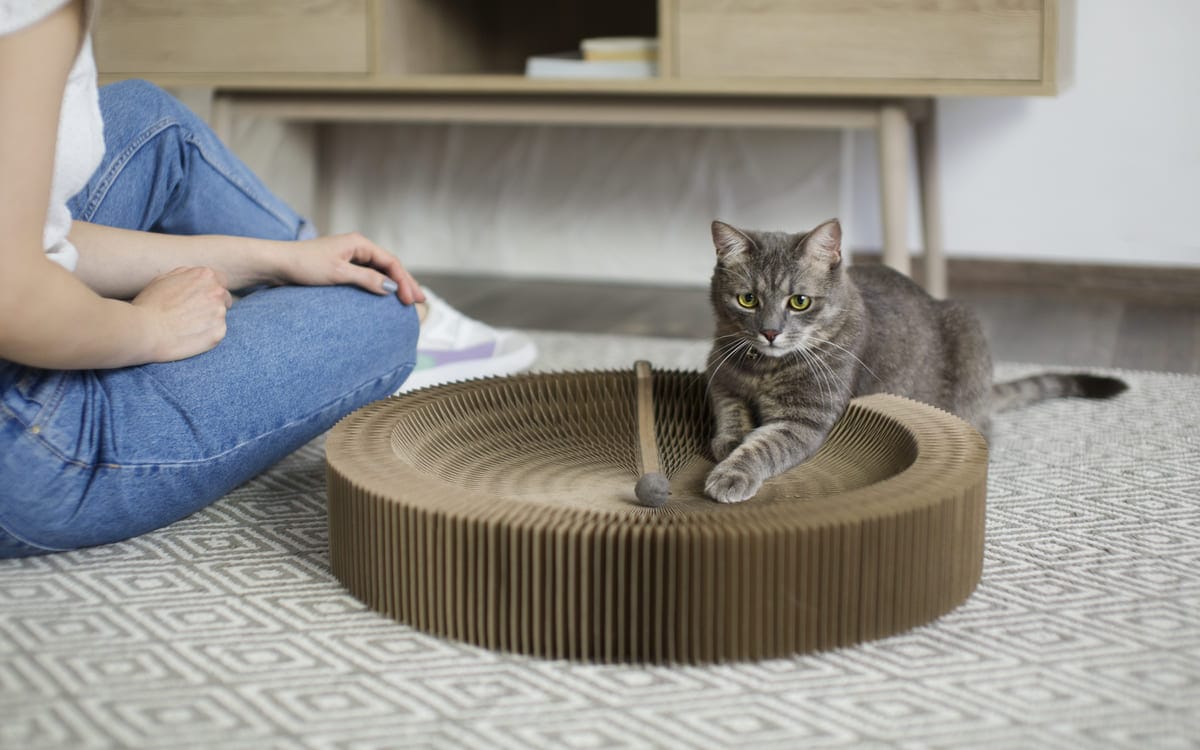Image d'un chat gris jouant avec un jouet sur un grattoir circulaire en carton. À côté, une personne assise, vêtue d'un t-shirt blanc et de jeans, observe le chat. Le sol est recouvert d'un tapis texturé.