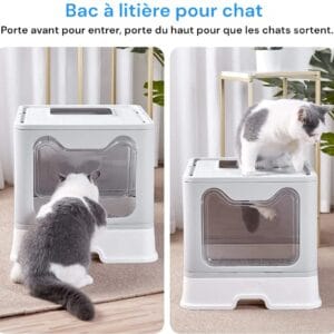 Image d'un bac à litière pour chat avec une porte avant pour entrer et une porte du haut pour sortir. Un chat est montré en train d'entrer dans le bac, tandis qu'un autre chat est visible sur le dessus.