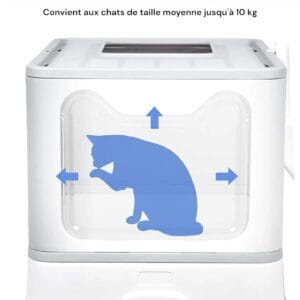 Image d'une litière pliable pour chat avec une pelle. L'image met en avant sa grande capacité et son espace généreux, convenant aux chats de taille moyenne jusqu'à 10 kg. Un silhouette de chat est visible sur le côté de la litière.